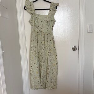 Light Green Floral Midi Dress with Ruffle Straps